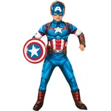 Rubies Captain America Deluxe Kostüm für Jungen und Mädchen, Jumpsuit mit gepolsterter Brust, Stiefelstulpen und Maske, offizielles Marvel-Kostüm für Karneval, Weihnachten, Geburtstag, Party und