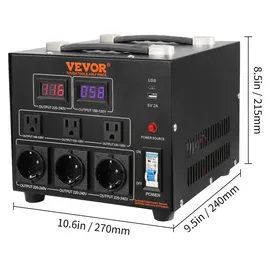 Vevor 5000W Spannungswandler Transformator AC 110V⇋220V Transformer Wandler 3x US NEMA 5-15R 3-polige / 3x europäische Shucko-Ausgangssteckdosen, 1x 5V-USB-Anschluss und 1x Typ-C-Buchse