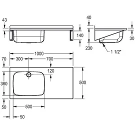 KWC AR Mehrzweckbecken, SIRIUS, Edelstahl, 1000x230x500 mm, Ablagefläche rechts