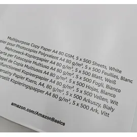 Amazon Basics Druckerpapier, DIN A4, 80 g/m2, 2500 Stück, 5 Packungen mit 500, Weiß