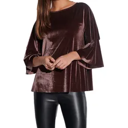 vestino Damen weiches Samt-Shirt mit verspielten Volant-Ärmeln Freizeit-Shirt 901389 Braun - XS