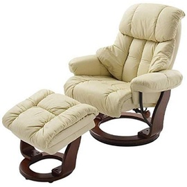 MCA Furniture Relaxsessel Calgary mit Hocker, bis 130 kg belastbar, drehbarer Fernsehsessel mit Liegefunktion, Echtleder creme, Gestell Holz walnuss