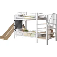 Hochbett Metall Weiß 90x200 Cm Mit Rutsche, Stauraumtreppe Und Regalen