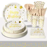 PYAILI 193 Pieces Happy Birthday Partygeschirr Set | Kindergeburtstag Weiß Gold Pappteller | Tablecloth, Plates, Cups, Napkins, Papier Strohhalme und mehr (24 Gästes)