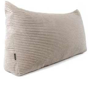 POKAR Rückenkissen | Cord Keilkissen 120x50x20 cm | Lesekissen für Bett und Sofa | Sofakissen für Rückenlehne | Groß Wandkissen Couchkissen mit Seitentaschen | Oeko Tex 100 Zertifiziert | Beige