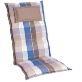 Homeoutfit24 Gartenstuhlauflagen Hochlehner – 1er Set – Komfort-Polster 6,5 cm – Kopfstütze integriert – Oeko-TEX Zertifiziert – pflegeleicht – Blau-Braun-Kariert – Made in EU