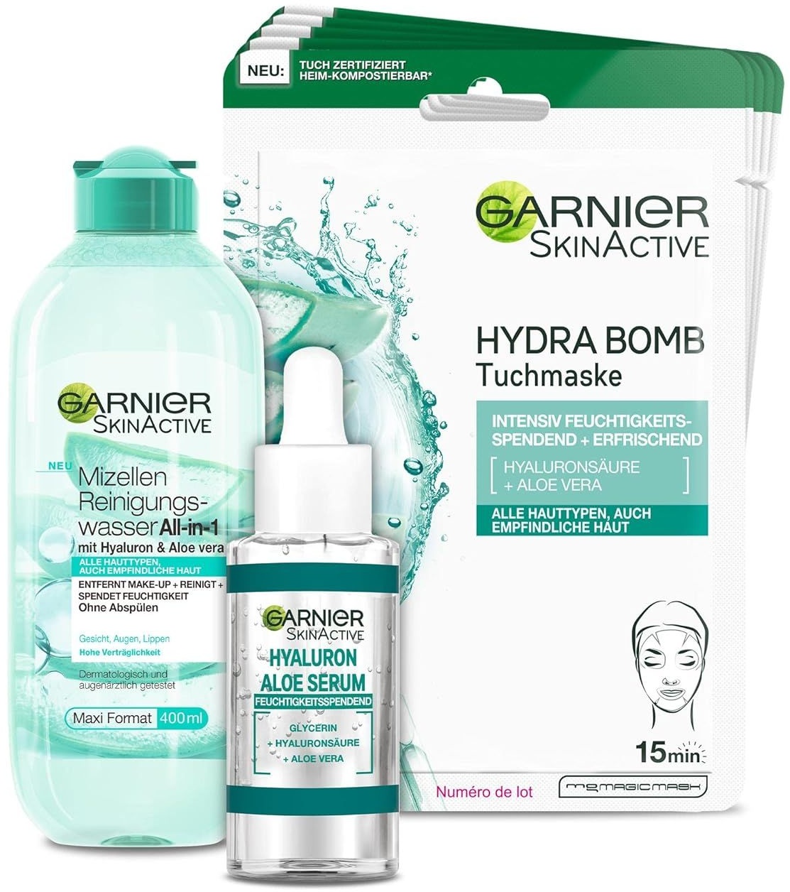 Garnier Pflegeset für das Gesicht, Mit Mizellen Reinigungswasser, Hyaluron Aloe Serum 1 St