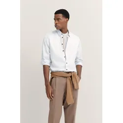 Langarmhemd BUGATTI, Herren, Gr. XL, Normalgrößen, 10, weiß, 100% Baumwolle, gepunktet, casual, normal, Langarm eckige 2-Knopf-Manschette, Hemden, in Satinoptik und mit Under-Button-Down Kragen