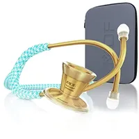 MDF Instruments ProCardial Kardiologie-Stethoskop, Leichtgewicht Titan, Erwachsene, Doppelkopf, Bella blauer schlauch, GOLD Bruststück-Kopfhörer, MDF797TBAK+ MDF Reiseetui