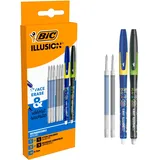 BIC Illusion Radierbare und nachfüllbare Kugelschreiber mit mittlerer Spitze und Nachfüllungen (0,7 mm), blaue und schwarze Tinte, Box mit 2 Kugelschreibern + 6 Ersatzminen