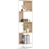 Mophorn Rattan-Eckbücherregal, 5-stöckiges Leiterregal mit Metallrahmen, schmales offenes Wand-Eckregal für Bibliothek, Konferenzraum, Büro,