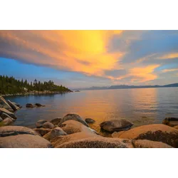 Fototapete PAPERMOON "LAKE TAHOE-STRAND KLIPPEN FELSEN WALD SEE SONNE GEBIRGE", bunt, B:4,00m L:2,60m, Vlies, Tapeten