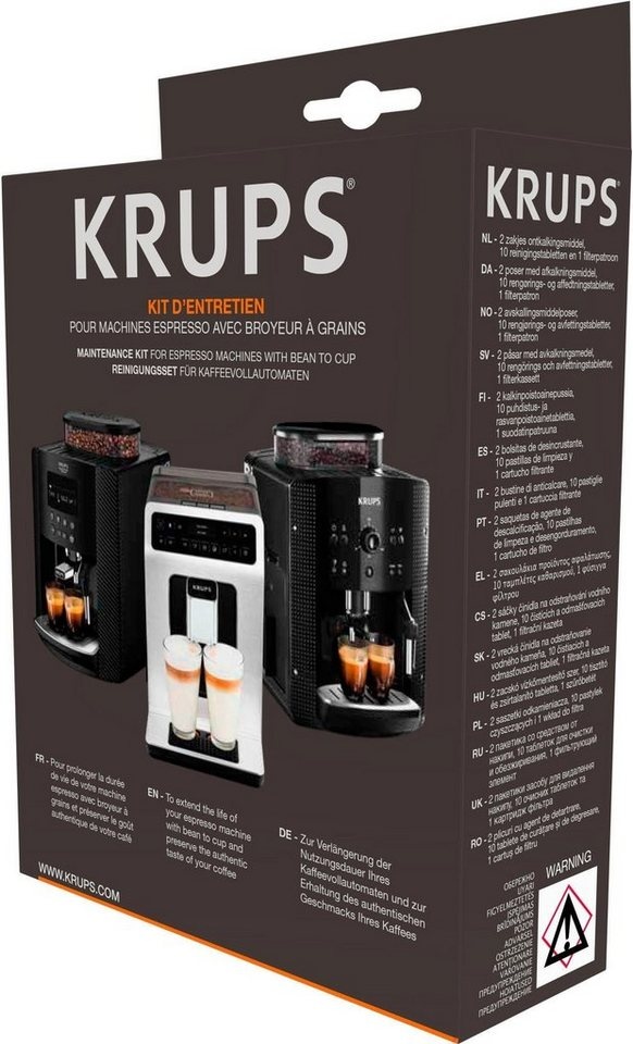 Krups XS5300 Pflegeset (14-St. 10 Reinigungstabs, 2 Entkalker, 1 Filterkartusche, 1 Teststreifen) schwarz