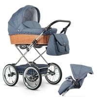 Kinderwagen mit Weidenkorb Babyschale und Isofix optional Retro by SaintBaby Jeans R02 3in1 mit Babyschale