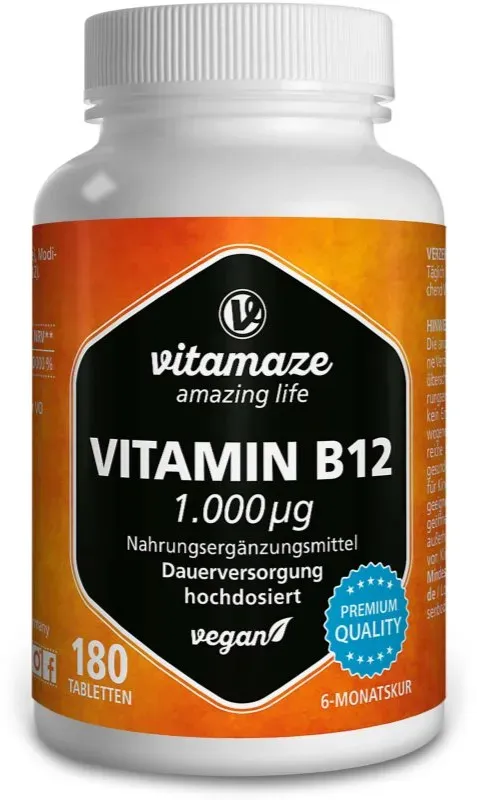 Vitamaze Vitamin B12 1.000 μg hochdosiert Tabletten zur Erhaltung von Energie und kognitiver Leistungsfähigkeit 180 TABL