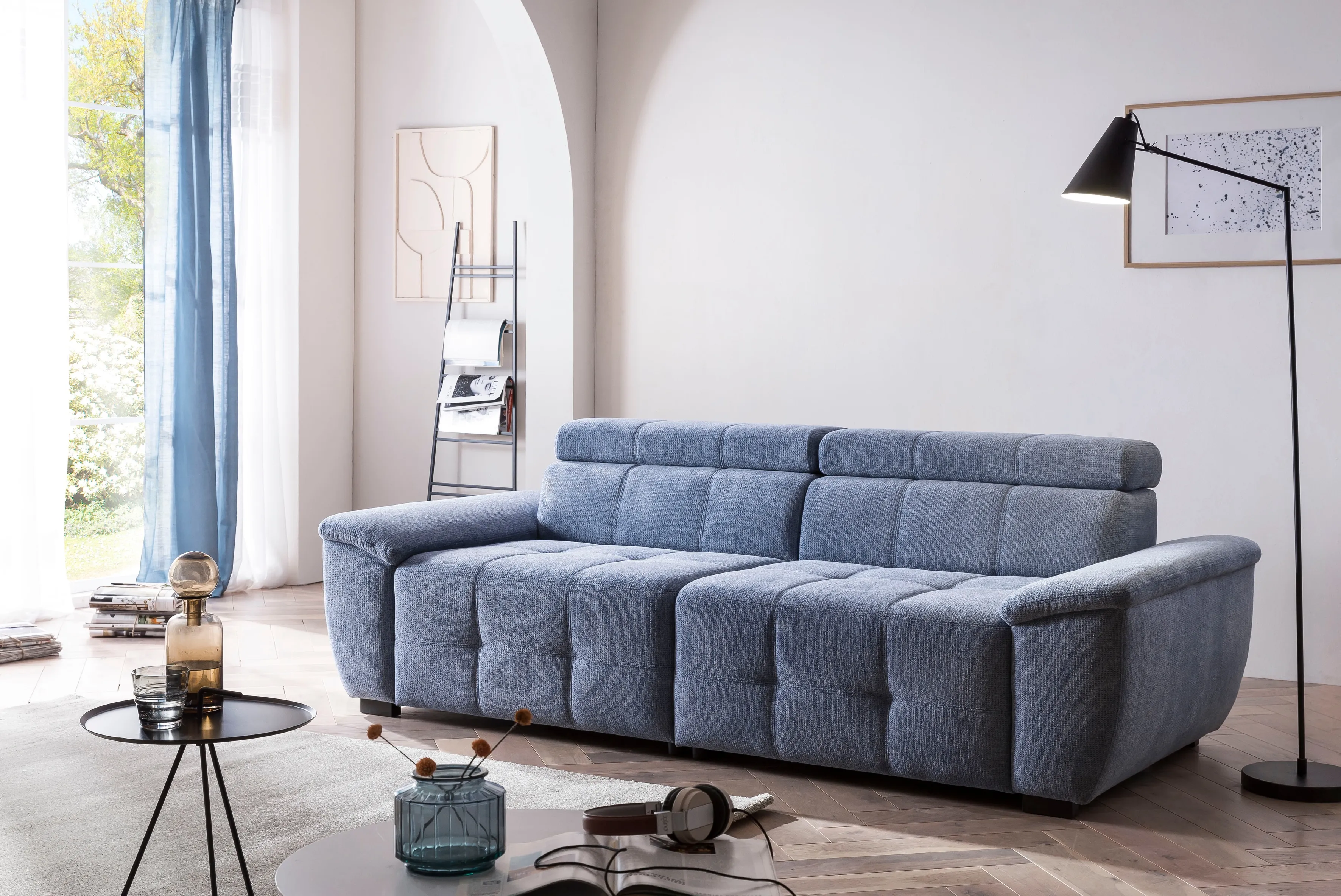 Big-Sofa EXXPO - SOFA FASHION "Exxpo MAVERICK, weicher Bezugstoff, hoher Sitzkomfort", blau (denim), B:240cm H:80cm T:107cm, Sofas, inkl. verstellbare Kopfstützen, aufwendige Detailverarbeitung