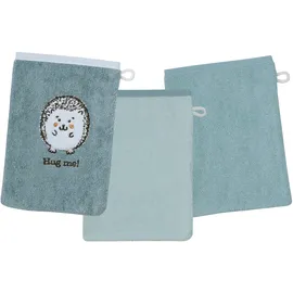 Wörner Waschhandschuh WÖRNER "Igel blau Waschhandschuh 3er Set", blau (blau,mint,eisblau), B:15cm L:21cm, Obermaterial: 100% Baumwolle, Handtücher, 1x mit süßer Igelstickerei, 2x unifarben
