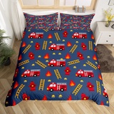 Kinder Feuerwehrwagen Bettwäsche Sets 220x240 Rote Feuerwehrmann Auto Abdeckung,Cartoon Auto Bett Feuerwehr Fahrzeug Bettbezug,Navy Rot Orange Gelb Quilt Cover Atmungsaktiv (Reißverschluss Verschluss)