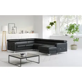 Cotta Wohnlandschaft "Sammy U-Form", schwarz, B:304cm H:74cm T:240cm, NaturLEDER, die Rückseite ist mit schwarzem und die Liegefläche der Bettfunktion ist mit beigem Spannstoff bezogen, Sofas, Wohnlandschaft, mit Kopfteilverstellung, wahlweise mit Bettfunktion