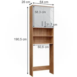 Vicco Irma Waschmaschinenschrank 64 x 191 cm Weiß Hochglanz/Goldkraft Eiche Holz
