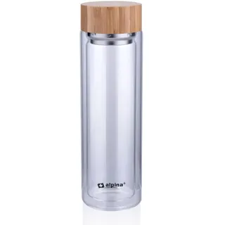 Alpina Trinkflasche aus Glas mit Filter - Wasserflasche Doppelwandig 450 ml - Trinkflasche Bambuskappe und -Deckel - Teeflasche mit Teefilter