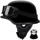 RQTEUYE Vintage Deutsche Motorrad Jethelm ECE-Zertifizierung, Halbhelme Halbschalenhelm mit Schutzbrille Chopper Helm für Cruiser Street Scooter mit Schnellverschlussschnallen 22.4-24.4in
