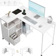 Woltu Schreibtisch L-Form, Eckschreibtisch, mit Steckdosen USB-A, Metallrahmen, Weiß