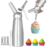 Refined Living Kuchenheber Sahnespender Sahnesyphon 500ml Aluminium mit 3 Edelstahl Deko-Düsen, für Heiße und Kalte Cremes Schlagsahne Soßen Mousse und Desserts silberfarben