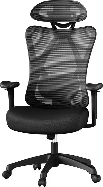 Ochama Schwarzer ergonomischer Mesh-Computersessel – 70×71×(114-124) cm, Verstellbare Lendenwirbelstütze & Kopfstütze, Höhenverstellbar, Belastbar bis 150 kg – Komfortabler Schreibtischstuhl für lange Arbeitszeiten