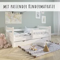 Kids Collective Kinderbett Voll-Holz 160x80 mit Rausfallschutz, | Schublade in weiß Kiefer 80 x 160 Mädchen Jungen Bett Skandi, mit Matratze - Weiß