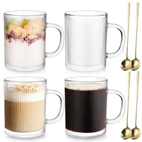 Anhow 4er Cappuccino Tassen, 350ml Latte Macchiato Gläser mit Löffel Gläser Geriffelt Espresso Tassen Set Kaffeegläser für Latte/Cappuccino/Getränke/Tee/Kaffee