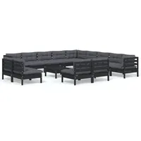 vidaXL 14-tlg. Garten-Lounge-Set mit Kissen Schwarz Massivholz Kiefer