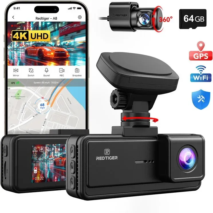 REDTIGER A8 4K Dual-Dashcam, Front- und Rückfahrkamera, 3,18 Zoll IPS-Touchscreen, integriertes 5,8 GHz WLAN, GPS-Kfz-DVR, Nachtsicht