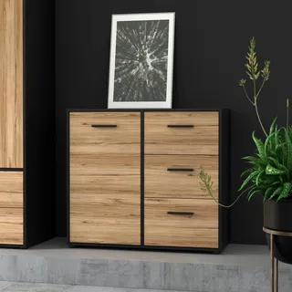Forte MOKKARO Sideboard mit 3 Schubladen und 1 Tür, Holzwerkstoff, Catania Eiche/Schwarz, B x H x T: 94,7 x 84,9 x 42 cm