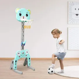 komfotteu GOPLUS 3-in-1 Sportaktivitätscenter, Basketballkorb & Fußballtor & Ringspiel, Höhenverstellbarer Basketballständer, mit Basketball & Fußball &... - Blau/Grau