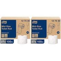 Tork 127530 weiches Midi Toilettenpapier in Advanced Qualität für Tork T6 Toilettenpapier Doppelrollenspender / 2-lagiges WC-Papier weich und reißfest, 54er Pack (27 x 100 Meter)