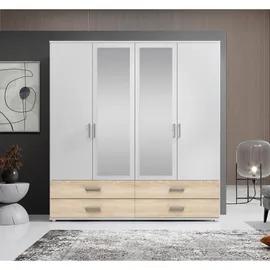 SchlafKONTOR Kleiderschrank mit Spiegel", Weiß, Sonoma eiche Holzwerkstoff, 2 Fächer, 4 Schubladen, 180x190x51 cm (B/H/T)