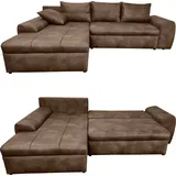 luma-home schönes für dein zuhause Ecksofa mit Schlaffunktion und Bettkasten 266/186/90 cm, Ottomane links, Mikrofaser Leder-Optik Braun / 18014