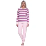 Normann Pyjama Damen Kuschel Frottee Schlafanzug mit Bündchen Streifenoptik rosa 52/54