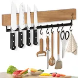 FUNPALA Magnetleiste Messer mit 6 Haken, 40 cm Messerhalter Holz mit Extra Starkem Magnet, Messerhalter Magnetisch für Utensilien und Werkzeuge - Unbestückte Messerblöck