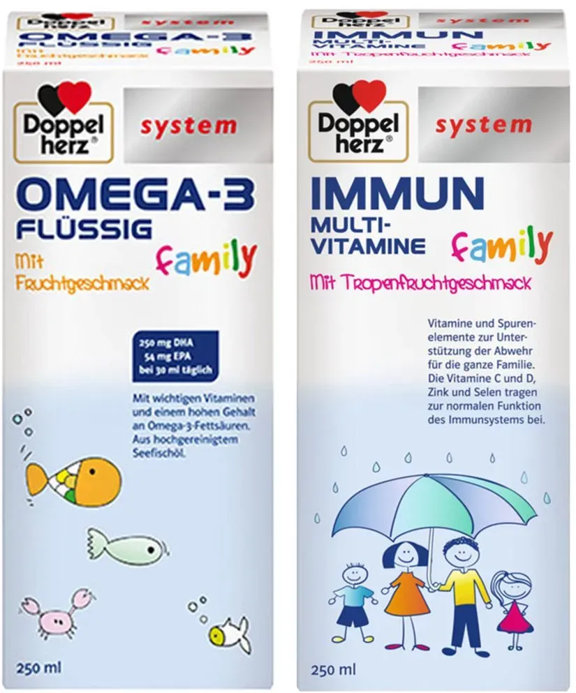 Doppelherz® system Omega-3 flüssig family + system Immun Multivitamine family