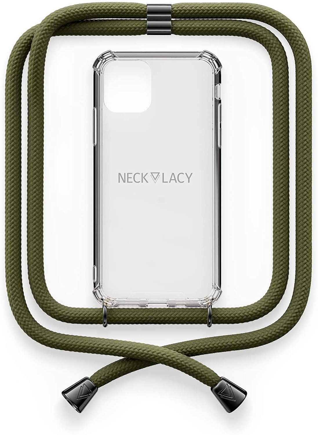 NECKLACY Handykette Handyhülle zum umhängen - für iPhone X/XS - Case / Handyhülle mit Band zum umhängen - Trageband Hals mit Kordel - Smartphone Necklace, Dark Olive Gunmetal