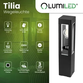 Lumiled Außenleuchte Pollerleuchte Außenstehleuchte Stehlampe Wegeleuchte Wegelampe 50 cm IP44 Schwarz rechteckig Aluminium E27 max 13W