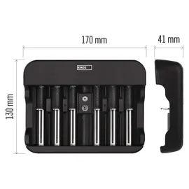 EMOS Akku-Ladegerät NiMH, NiCd für 6 Akkus, Schnell-Ladegerät 500 mA, für 1-6x AAA, AA, C, D, 9 V aufladbare Batterien, inkl. USB-C Kabel, Akkuschutz, Sicherheitsfunktionen