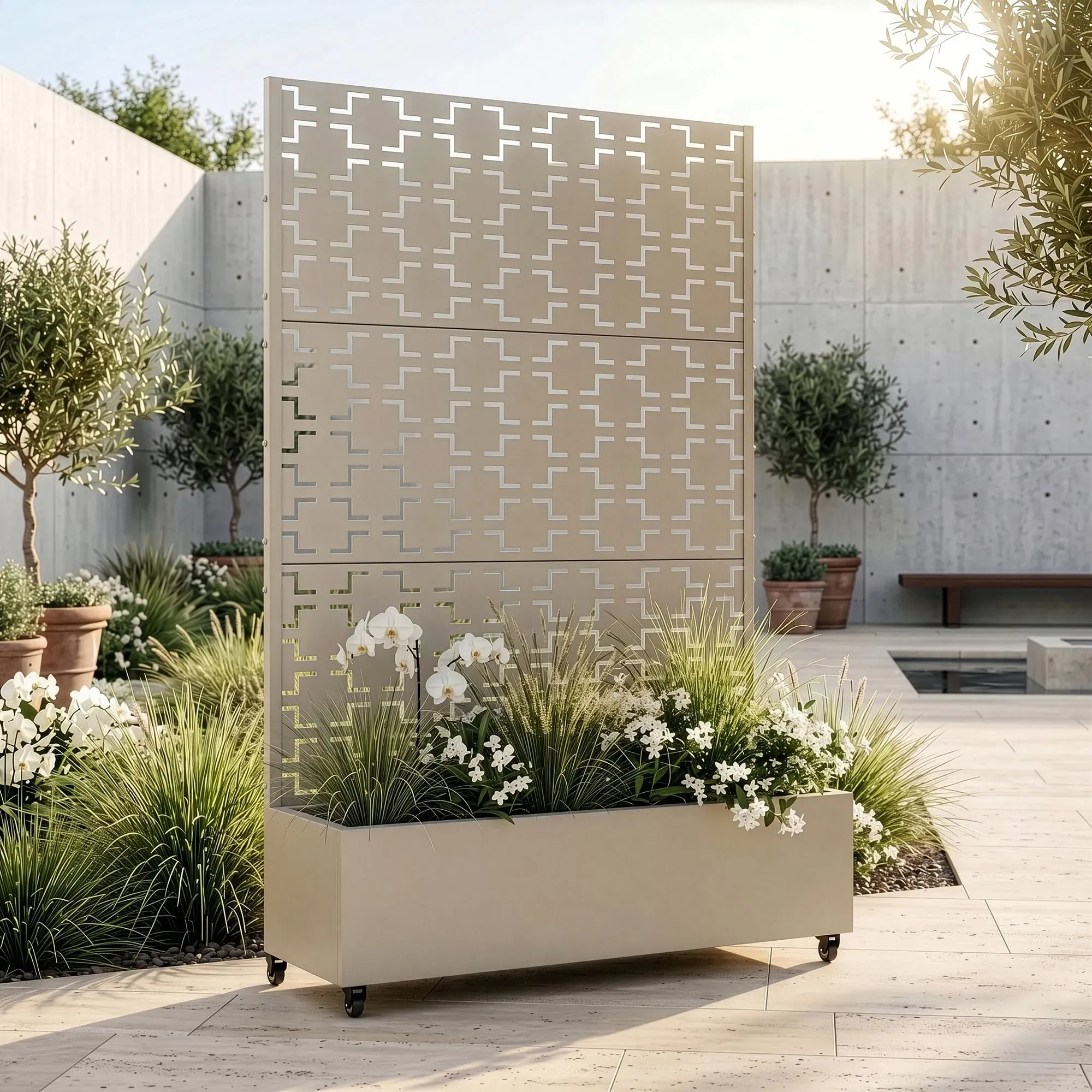 Trennwand Aaskis mit Blumenkasten Stahl 190x120 cm Beige [casa.pro]