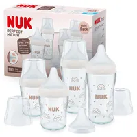 NUK Perfect Match Glas-Babyflaschenset | Ab 6 Mon. | Passt sich dem Baby an | Temperature Control | 4 Anti-Colic-Flaschen und zus. Silikontrinksauger | 120 ml & 230 ml | BPA-frei | Regenbogen | 5 St.