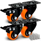 PRIOstahl 4er Set Möbelrollen 40mm Orange - Transportrollen mit Bremse - Schwerlastrollen bis 200kg pro Satz - Lenkrollen für Palettenmöbel Spurlos & Leise für viele Bodenbeläge für Werkzeugwagen