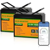 ECO-WORTHY 2 Packs LiFePO4 12V 100Ah Bluetooth mit 100A BMS Low Temperature Schutz und Max. 15000 Zyklens,1280Wh Lithium Batterie 12V 100Ah Autobatterie für Wohnmobil,Wohnwagen,Boot