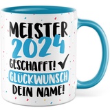 Tasse personalisiert Meister Geschenk Meister 2024 geschafft - Glückwunsch dein Name Geschenkidee Kaffee-Becher Kaffeetasse Tasse mit Spruch personalisierbar eigener Name Schulabschluss