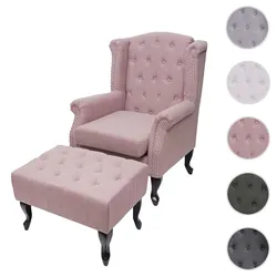 Sessel Chesterfield, Relaxsessel Clubsessel Ohrensessel, wasserabweisend Stoff/Textil ~ vintage rosa mit Ottomane